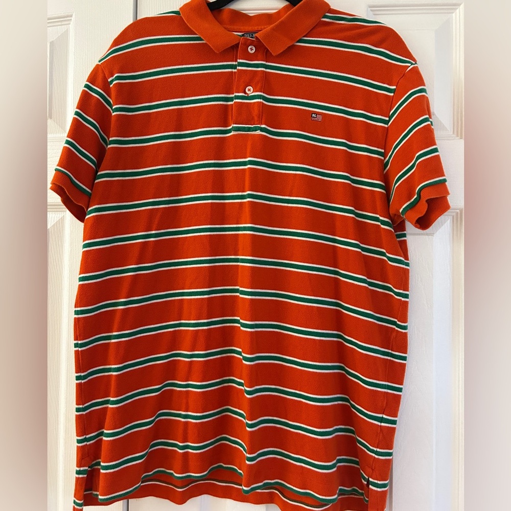 VTG Polo Jeans Co Ralph Lauren Mens XL Orange Green Striped Polo Shirt RL Flag